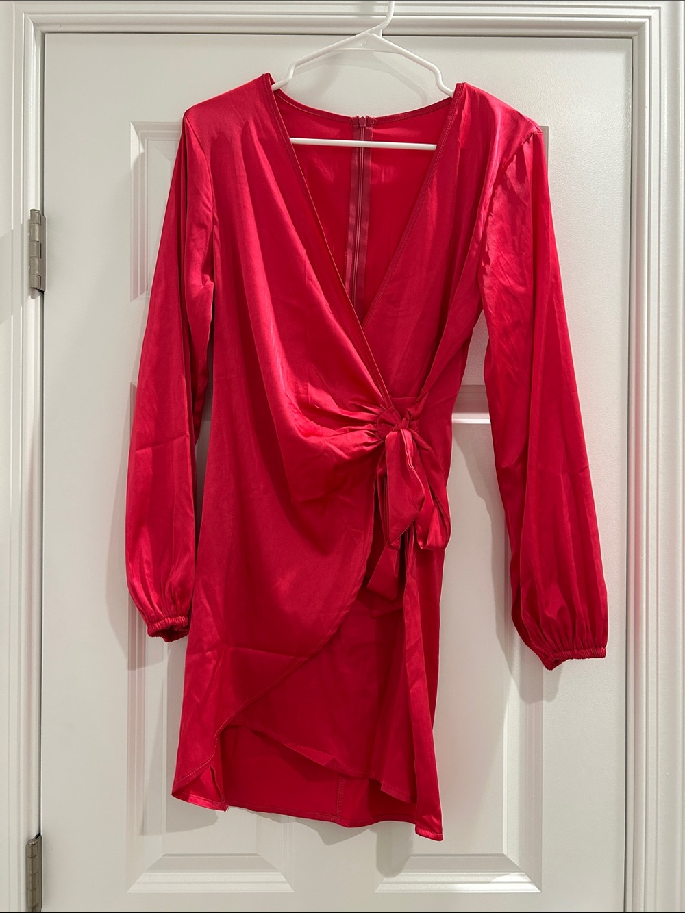 Hot Pink Long-Sleeve Wrap Dress with Tie